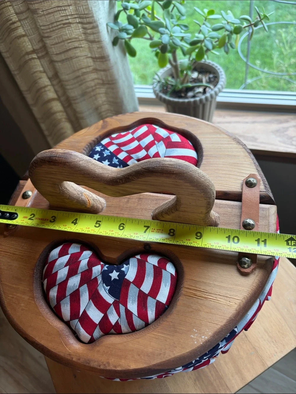 Vintage Wood Double Lid Barrel Weave Basket Lined Flag Heart